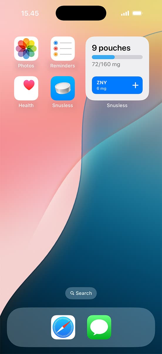 Snusless widget on an iPhone Home Screen